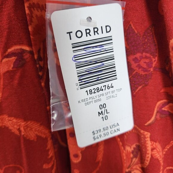 New Torrid Super Soft Button-Front Seamed Top Women's Size M/L Red Paisley NWT - Picture 6 of 11